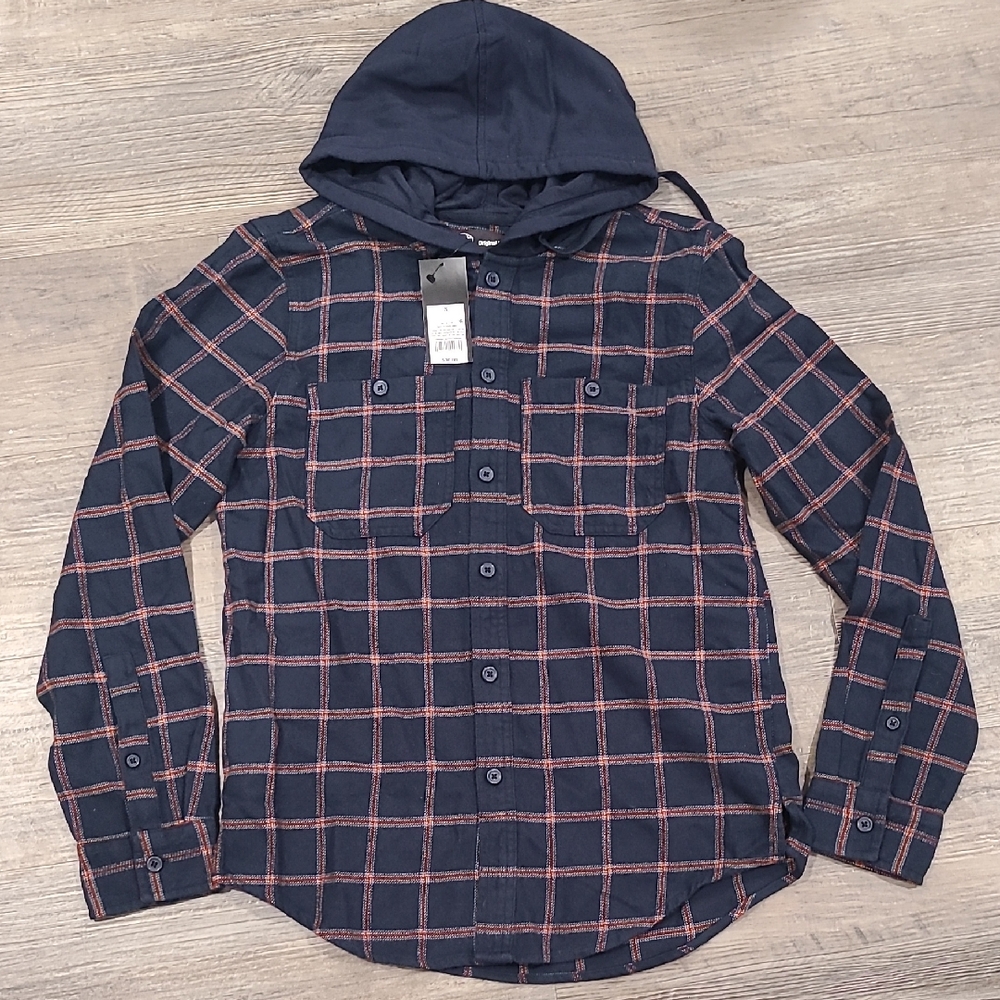 Original USA Plaid Flannel Hooded Button Down Shirt